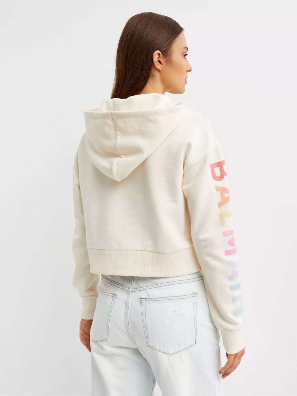 Balmain rainbow sleeve-print cropped hoodie